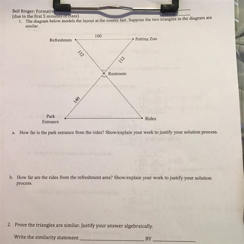 1. The diagram below models the layout at the county fair. Suppose the two triangles-example-1