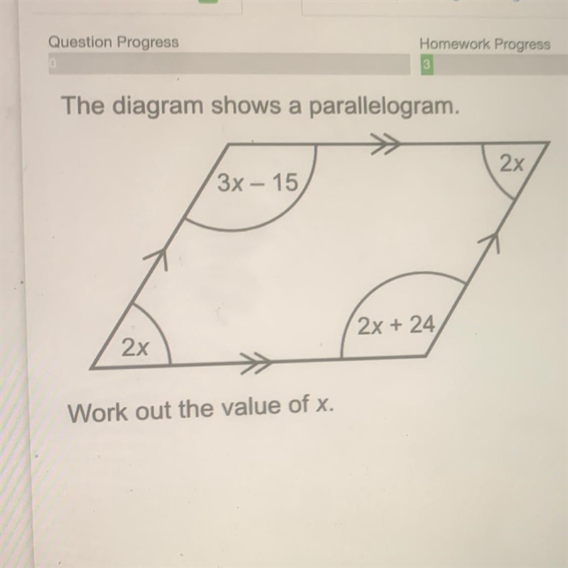 The diagram shows a parallelogram. 2x 3х - 15 (2x+24 2x Work out the value of x.-example-1