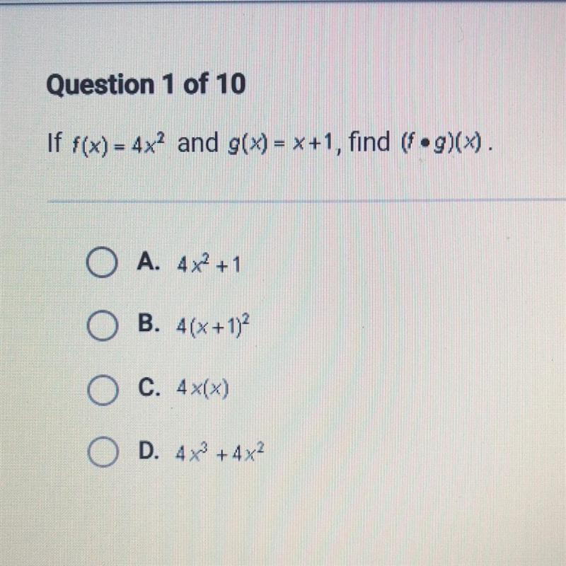 F(x)=4x^2 and g(x)=x+1, find (f x g)(x)-example-1