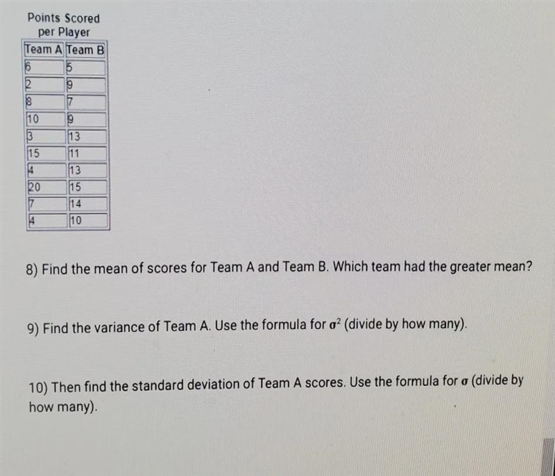 Points Scored per Player Team A Team B 6 5 B 9 18 7 110 9 13 13 115 11 14 13 20 15 17 14 4 10 8) Find-example-1