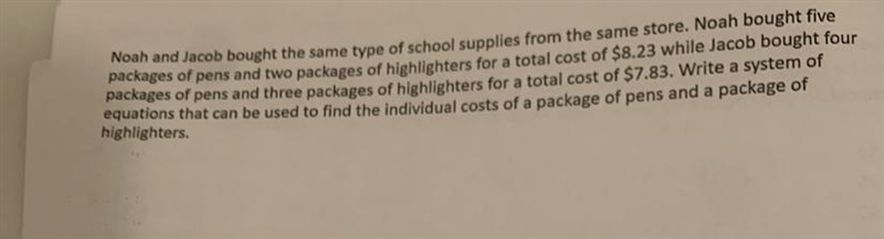 Write a system of equations that can be used to find the individual costs of a package-example-1