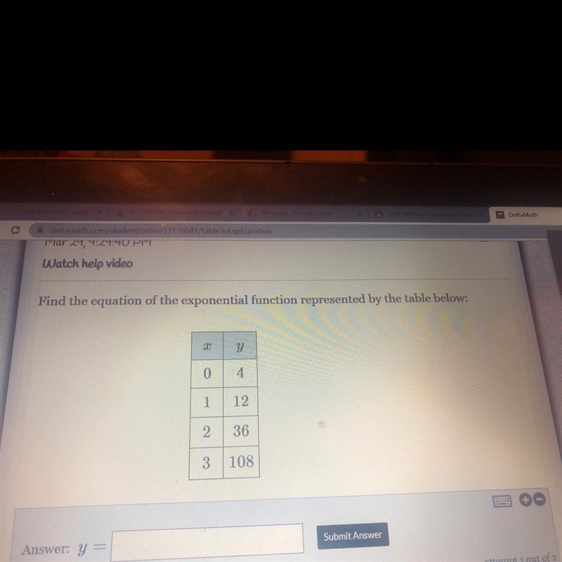 Find the equation of the exponential function represented by the table below: т y-example-1