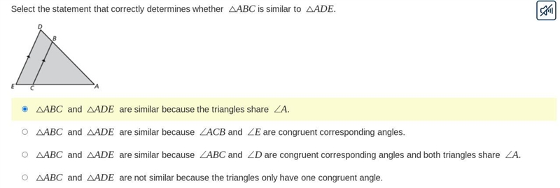 Select the statement that correctly determines whether ABC is similar to ADE.-example-1