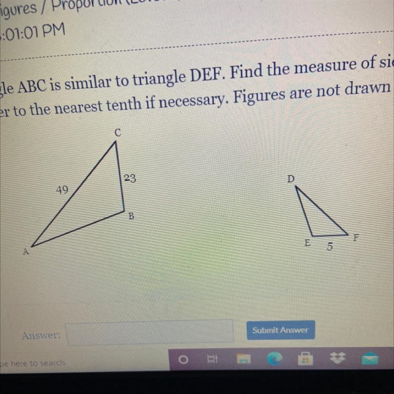 Triangle ABC is similar triangle DEF. Find the necessary of side FD. Round your answer-example-1