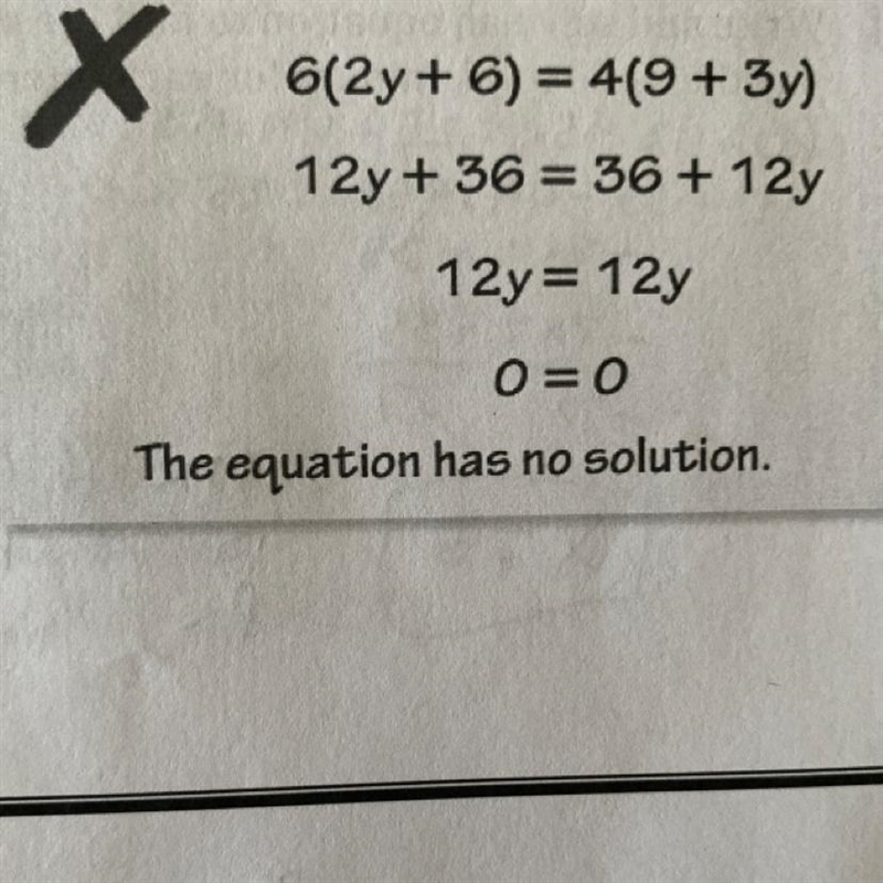 Error AnalysisDescribe and correct the error in solving the equation.6(2y+6)=4(9+3y-example-1