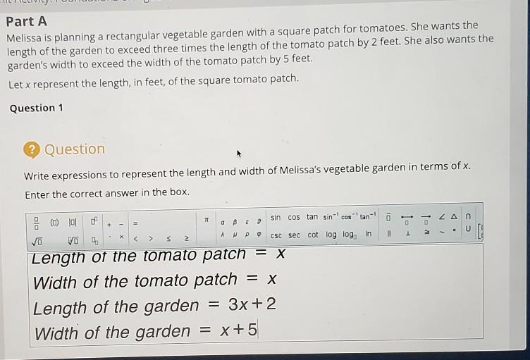 write an expression to represent the perimeter of Melissa's garden in terms of x. type-example-1