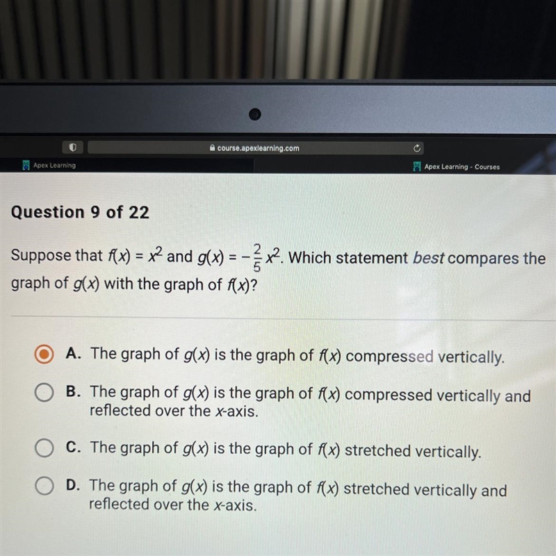 A. The graph of g(x) is the graph of f(x) compressed vertically.B. The graph of g-example-1