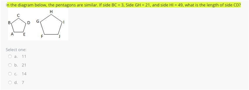 n the diagram below, the pentagons are similar. If side BC = 3, Side GH = 21, and-example-1