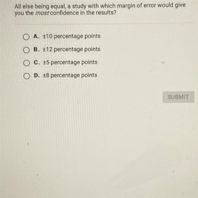 All else being equal, a study with which margin of error would giveyou the most confidence-example-1