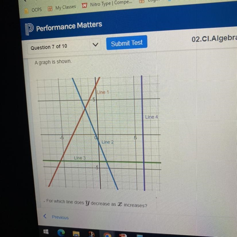 A graph is shown For which line does y decrease as x increases A.line 1 B.line 2 C-example-1