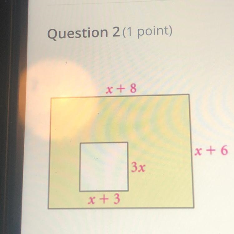 Geometry Find the area of each shaded region. Simplify.Question 1 (1 point)x + 3x-example-1