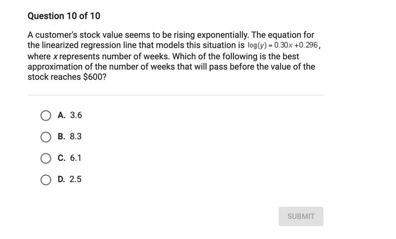 A customer's stock value seems to be rising exponentially. The equation for the linearized-example-1