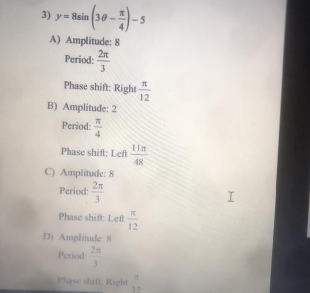 Find the amplitude, the period, and the phase shift please show all work-example-1