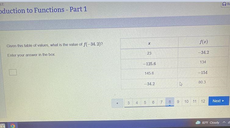 Given the table of values what is the value of f(-34.2)? X 23 -125.6 145.6 -34.2 Y-example-1