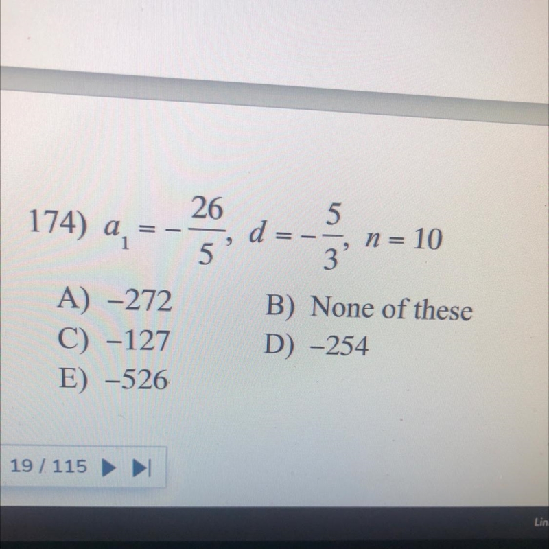 Find the suma1 = -26/5 , d = -5/3 , n = 10-example-1