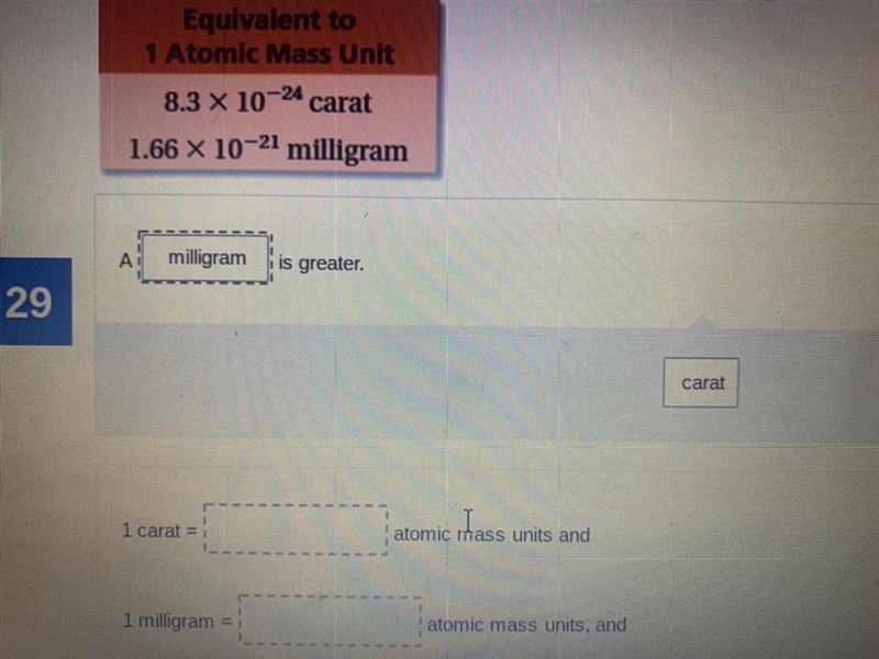 One carat equals how much atomic mass units? One milligram equals how many atomic-example-1