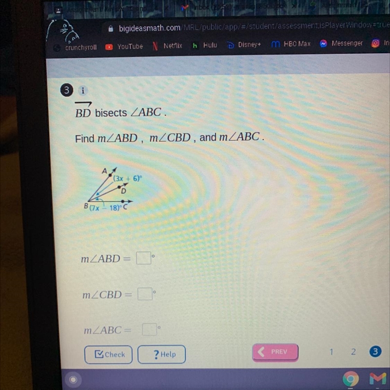 BD bisects ZABC.Find mZABD, mZCBD, and mZABC.Ал(3x + 6)оB [7x18)CmZABD =mZCBD =mZABC-example-1