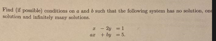 Find (if possible) conditions on a and b such that the following system has no solution-example-1