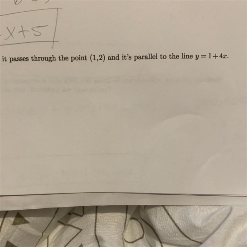 Write the slope intercept equation through the point (1,2) and it’s parallel to the-example-1