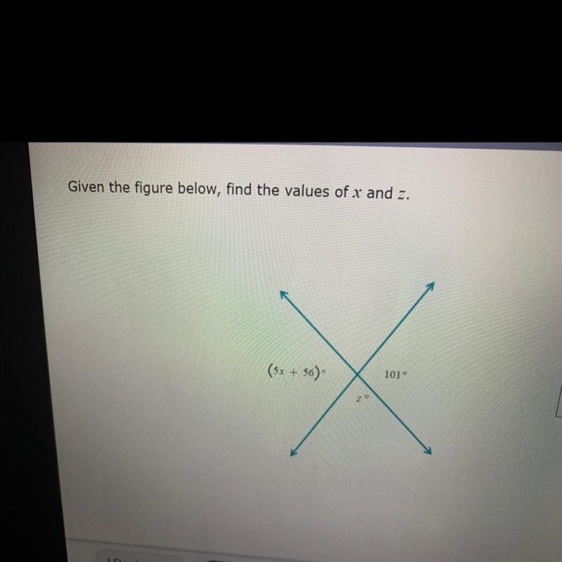 Given the figure below, find the values of x and y(5x + 56)101Y-example-1