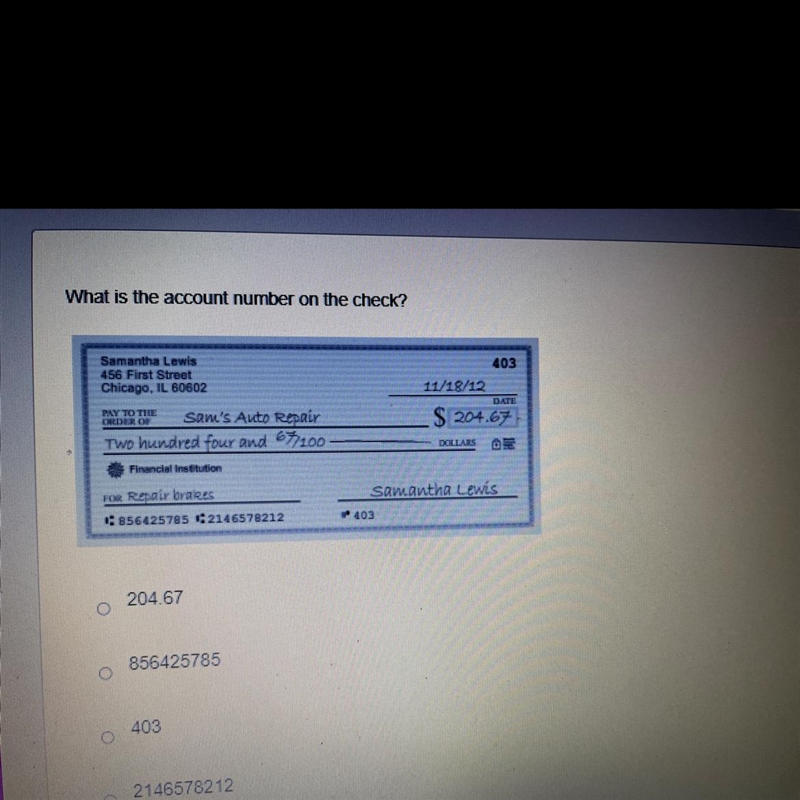 . What is the account number on the check? 403 Samantha Lewis 456 First Street Chicago-example-1