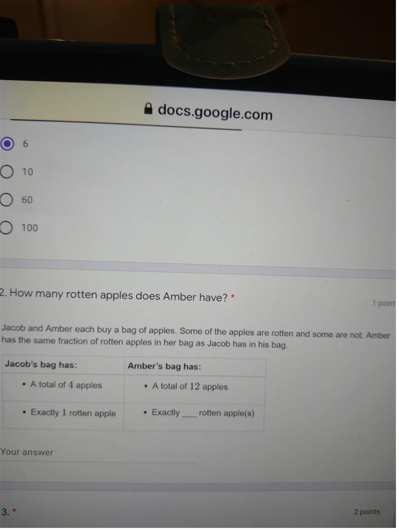 2. How many rotten apples does Amber have? 1 point Jacob and Amber each buy a bag-example-1