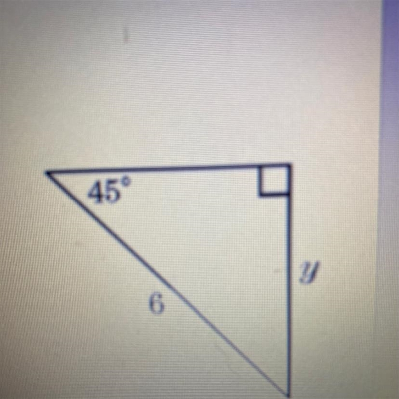 Find the exact value of y.A- square root of 2B- square root of 6C- 3D - 3 square root-example-1