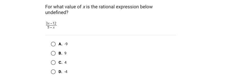 For what value of x is the rational expression belowundefined?-example-1