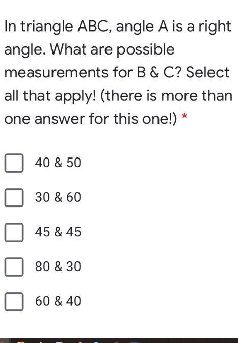 In triangle ABC, angle A is a right angle. What are possible measurements for B &amp-example-1