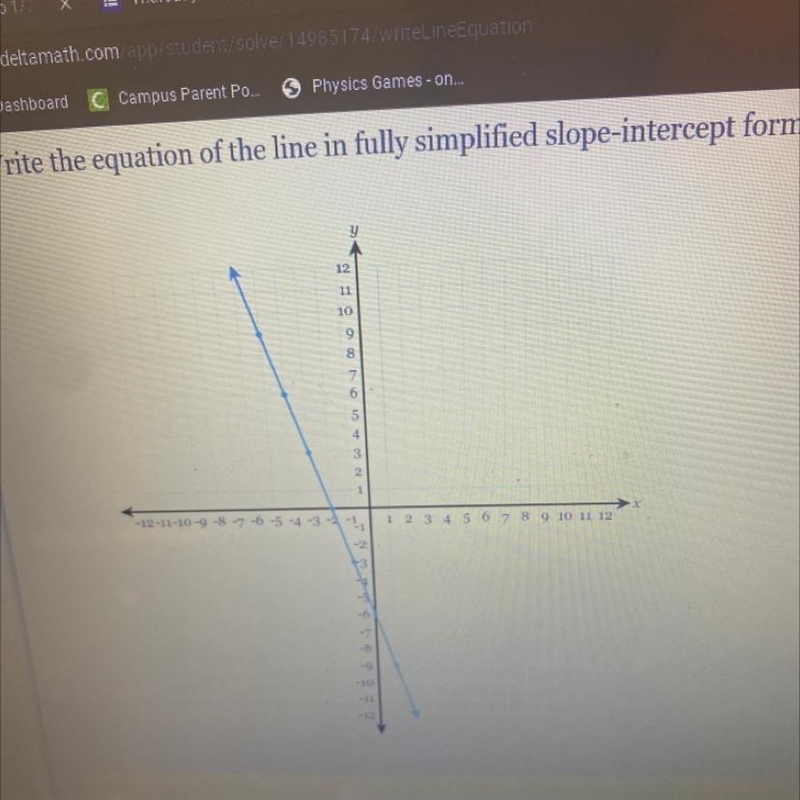 Write the equation of the line in fully simplified slope-intercept form.-example-1