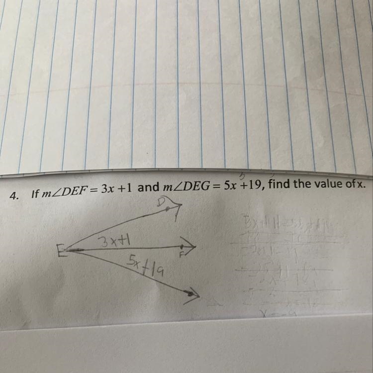 4. If mZDEF = 3x +1 and mZDEG = 5x +19, find the value of x.The image attached isn-example-1