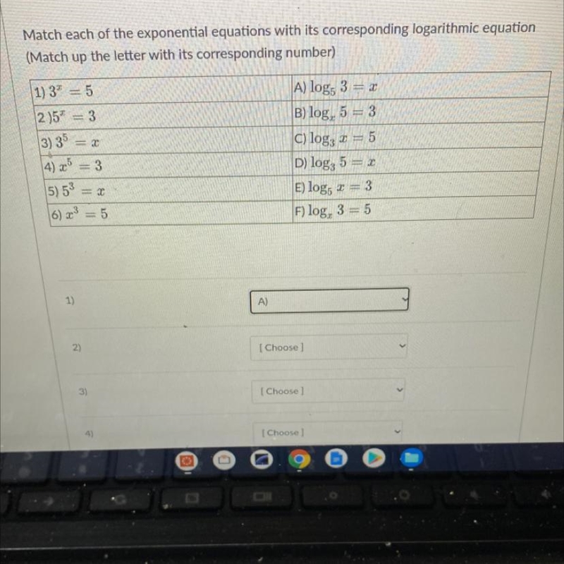 Match all 6 exponential equations to the corresponding logarithmic equations-example-1