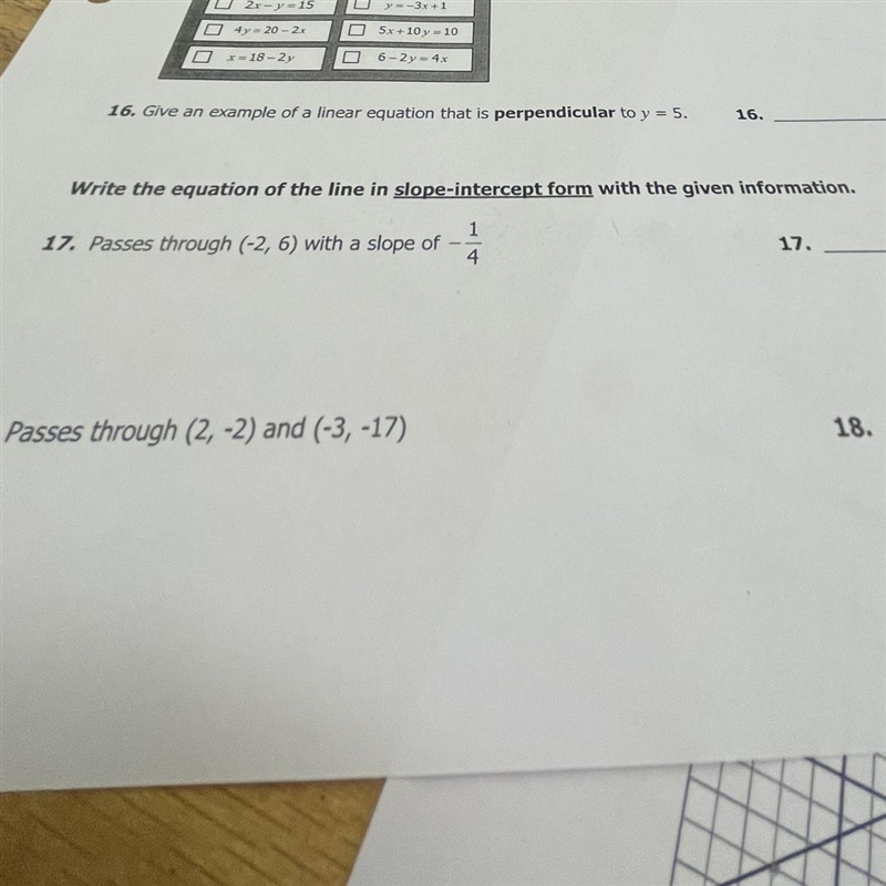 17. Write the equation of the line in slope-intercept form with the given information-example-1