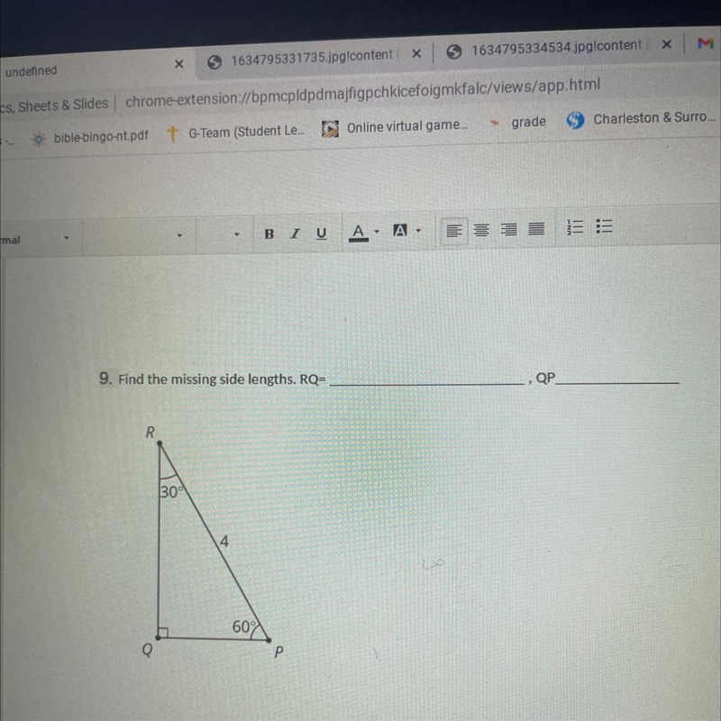 I need help finding out the missing side lengths for RQ and QP-example-1