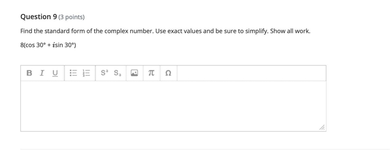 Find the standard form of the complex number. Use exact values and be sure to simplify-example-1