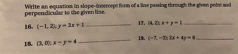 Write an equation in slope-intercept form of a line passing through the given point-example-1