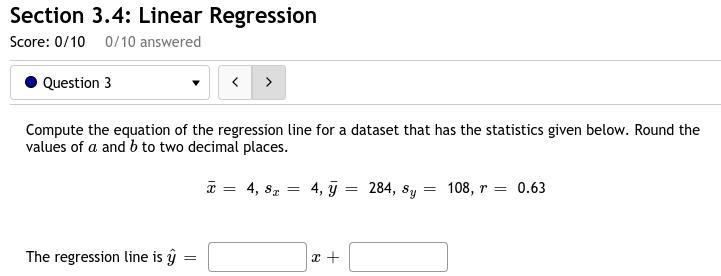 3. Compute the equation of the regression line for a dataset that has the statistics-example-1