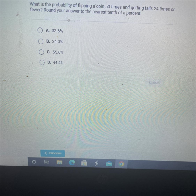 What is the probability of flipping a coin 50 times and getting tails 24 times orfewer-example-1