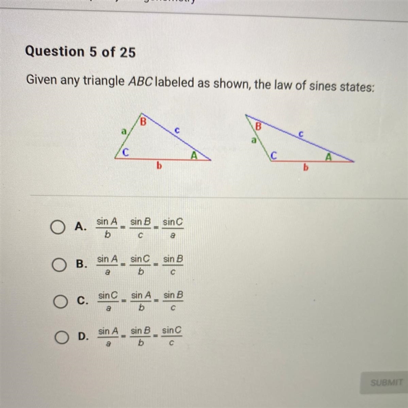 Given any triangle ABC labeled as shown, the law of sines states:BaсССAСAbbsin Asin-example-1