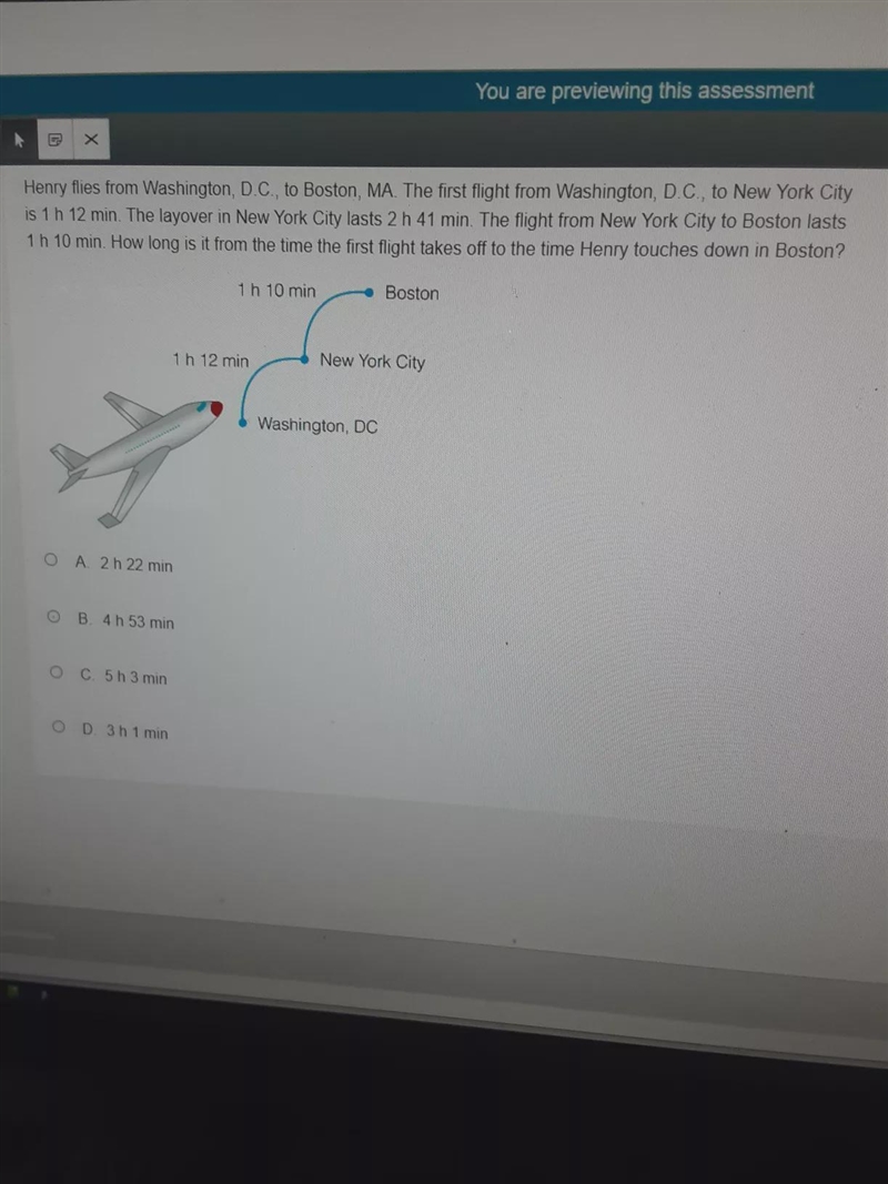 Х Henry flies from Washington, D.C., to Boston, MA. The first flight from Washington-example-1