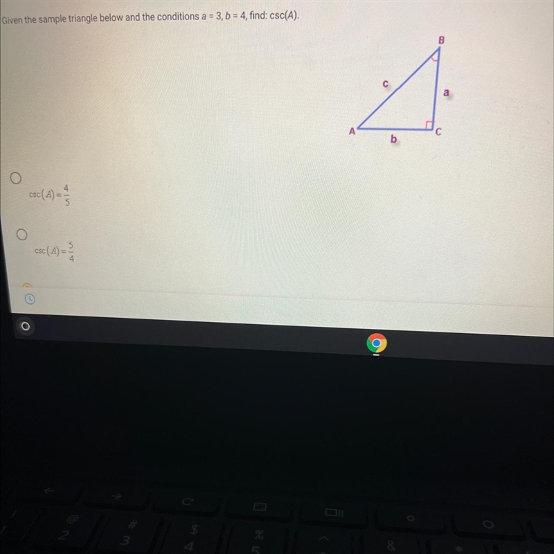 Given the sample Triangle below and the conditions a=3 b=4 find csc(A)-example-1