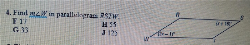 Find M angle W in a parallelogram rstw 2x - 1 x + 16-example-1