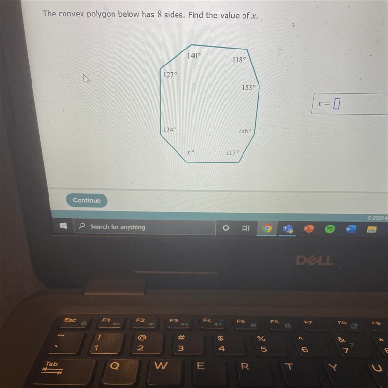 The convex polygon below has 8 sides. Find the value of x.140°11801270153013401561170-example-1