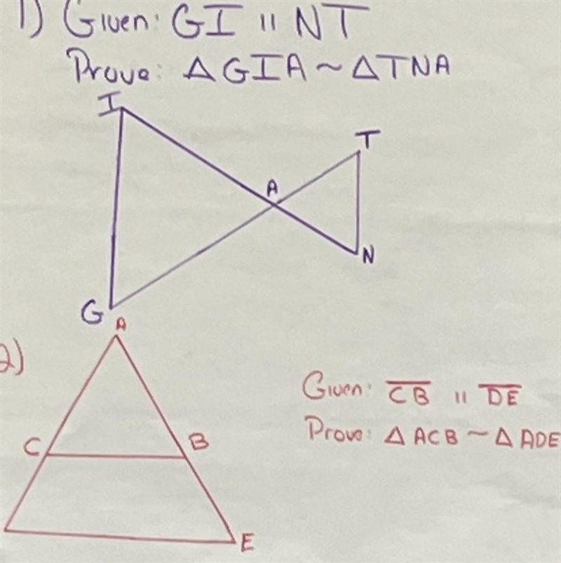 Help with geometry hw 2 questions prove that the triangles are similar.-example-1