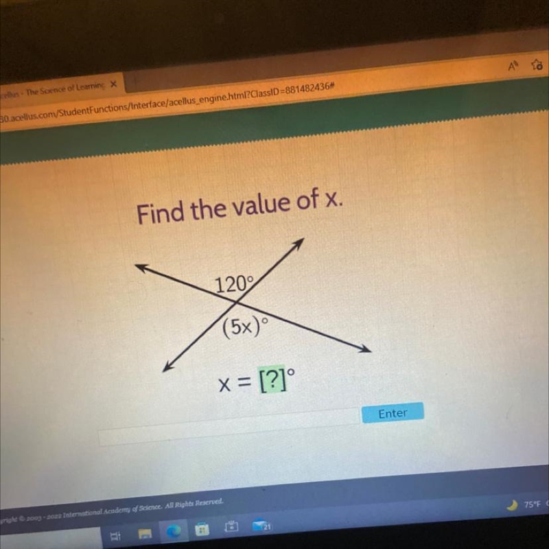 Find the value of x. 120° (5x) x = [?]° Enter-example-1