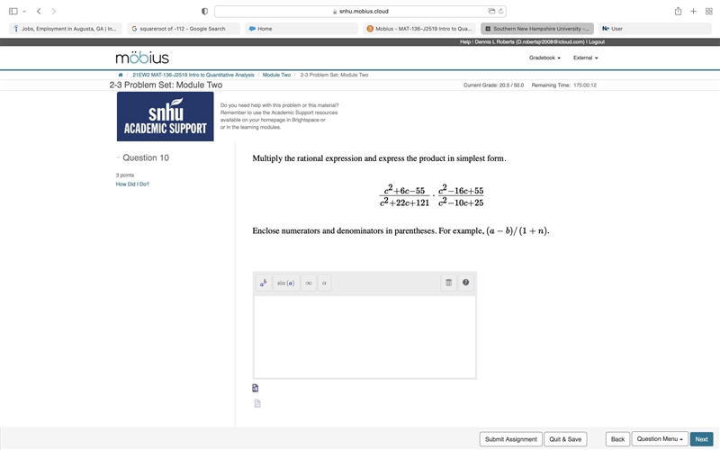 Multiply the rational expression and express the product in simplest form. c2+6c−55c-example-1