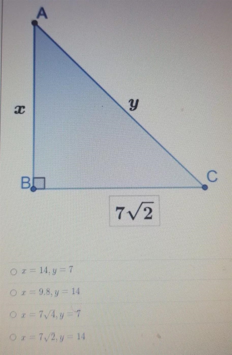 the triangle below is 45-45-90 determine the value of x and y your awsner must be-example-1