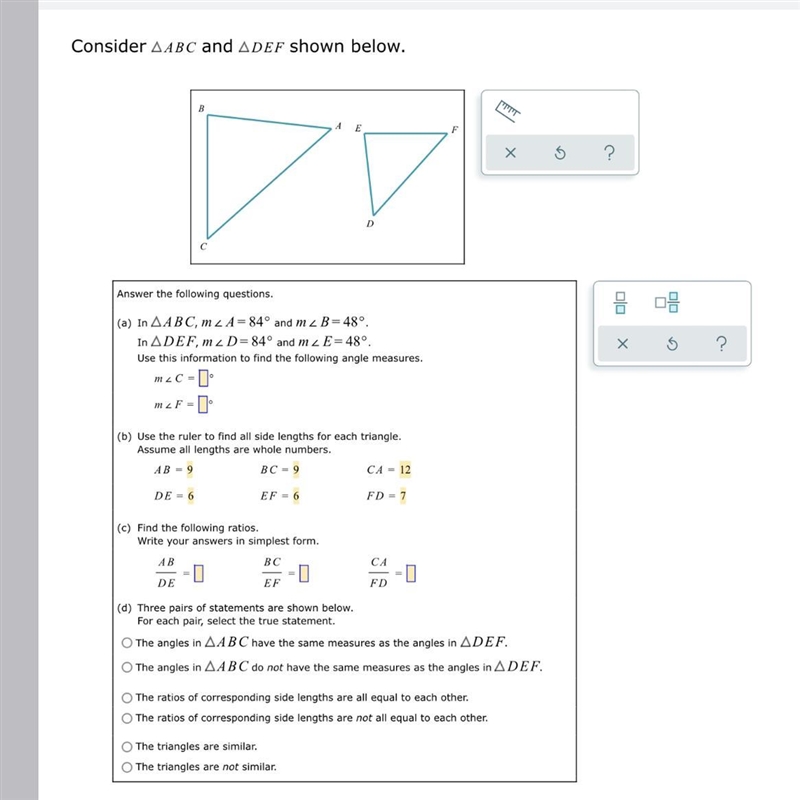 May I please get help with a and c? I have already found my measurements but I still-example-1