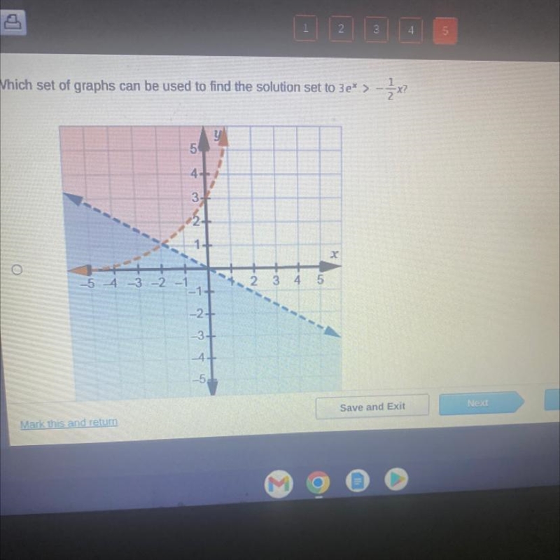 Which set of graphs can be used to find the solution set to 3e^x> -1/2x?-example-1