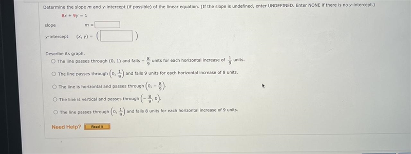 Determine the slope m and y-intercept (if possible) of the linear equation(Pre-algebra-example-1